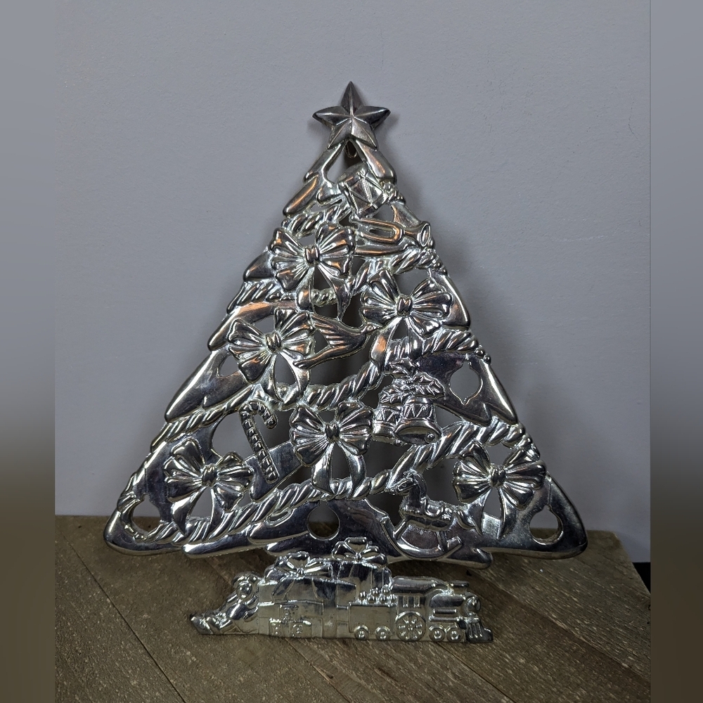 Vintage Silver Plated Christmas Tree Trivet – 10" Train & Bow Design